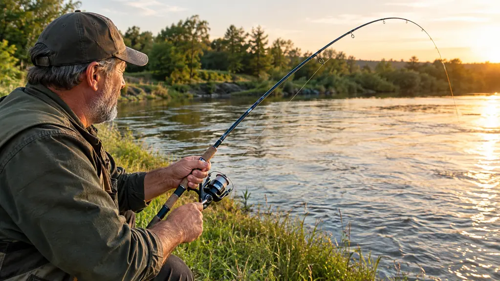 an angler reeling a spinning rod from a grassy shoreline, the rod bent against the weight of a fish in late afternoon light