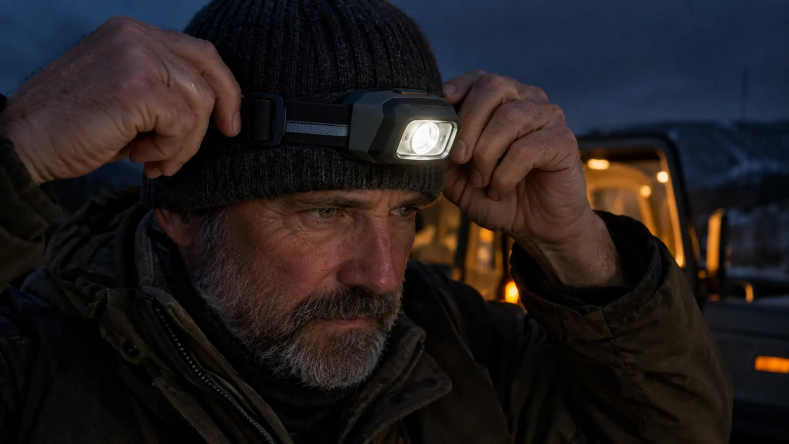 A hand adjusting a headlamp strap over a wool cap in the dark