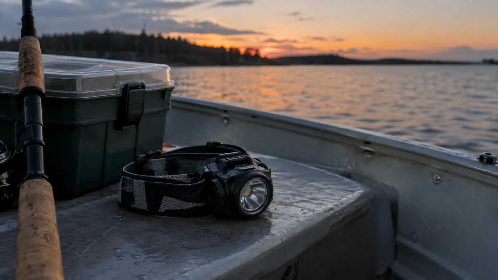 A headlamp lying on a boat seat beside a tackle box at dusk