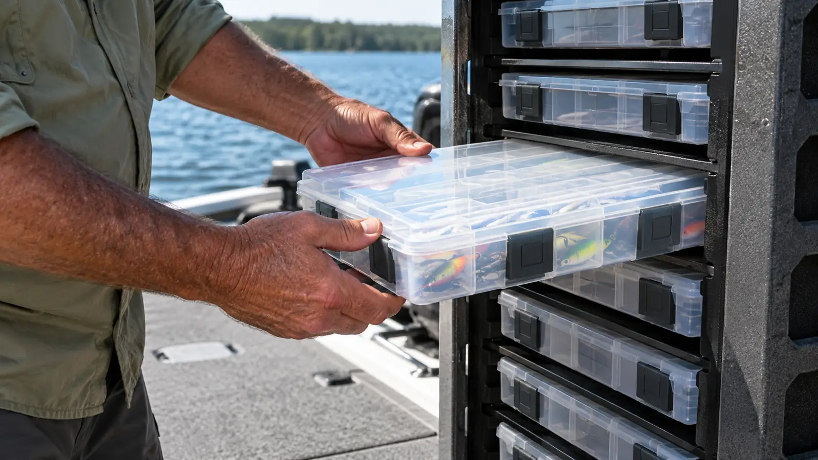 A hand lifting a clear utility box out of a tackle rack system on a boat deck