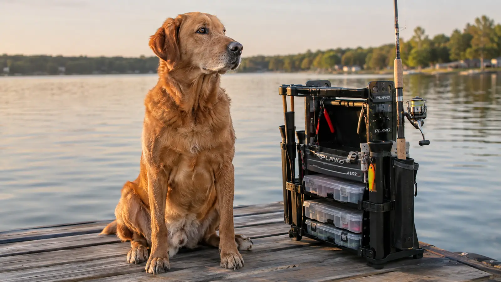 A large dog sitting on a boat dock next to a tackle rack system and a rod, late afternoon light