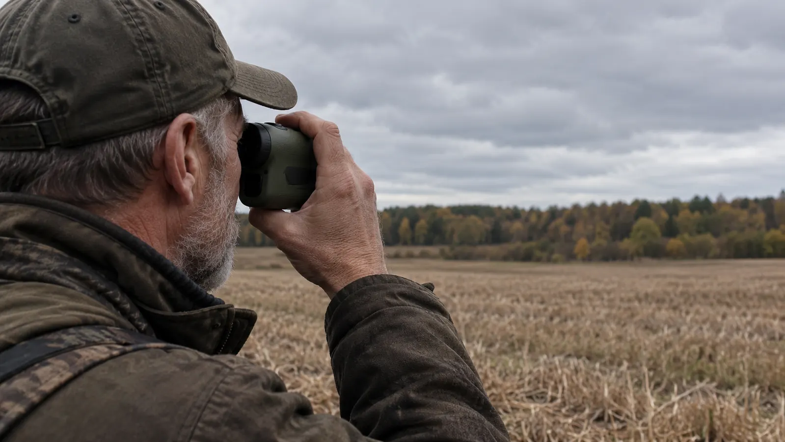 A hunter holding a rangefinder in one hand while looking across a field toward a treeline