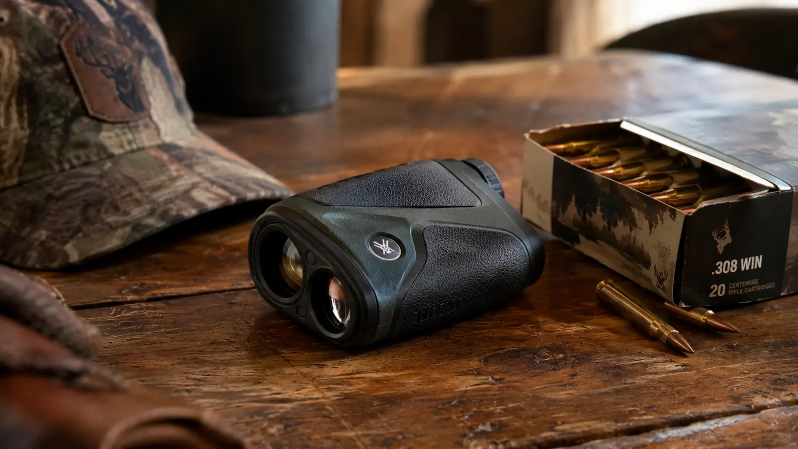 A rangefinder lying on a wooden table beside a box of rifle cartridges and a hunting cap