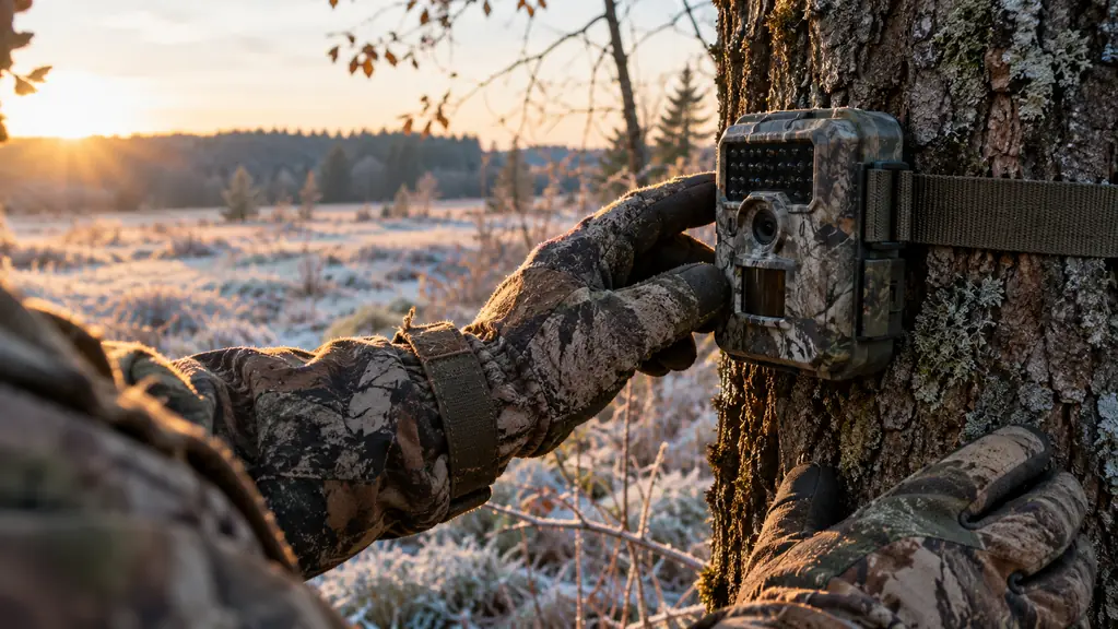 A hunter's hand checking a trail camera strapped to a tree