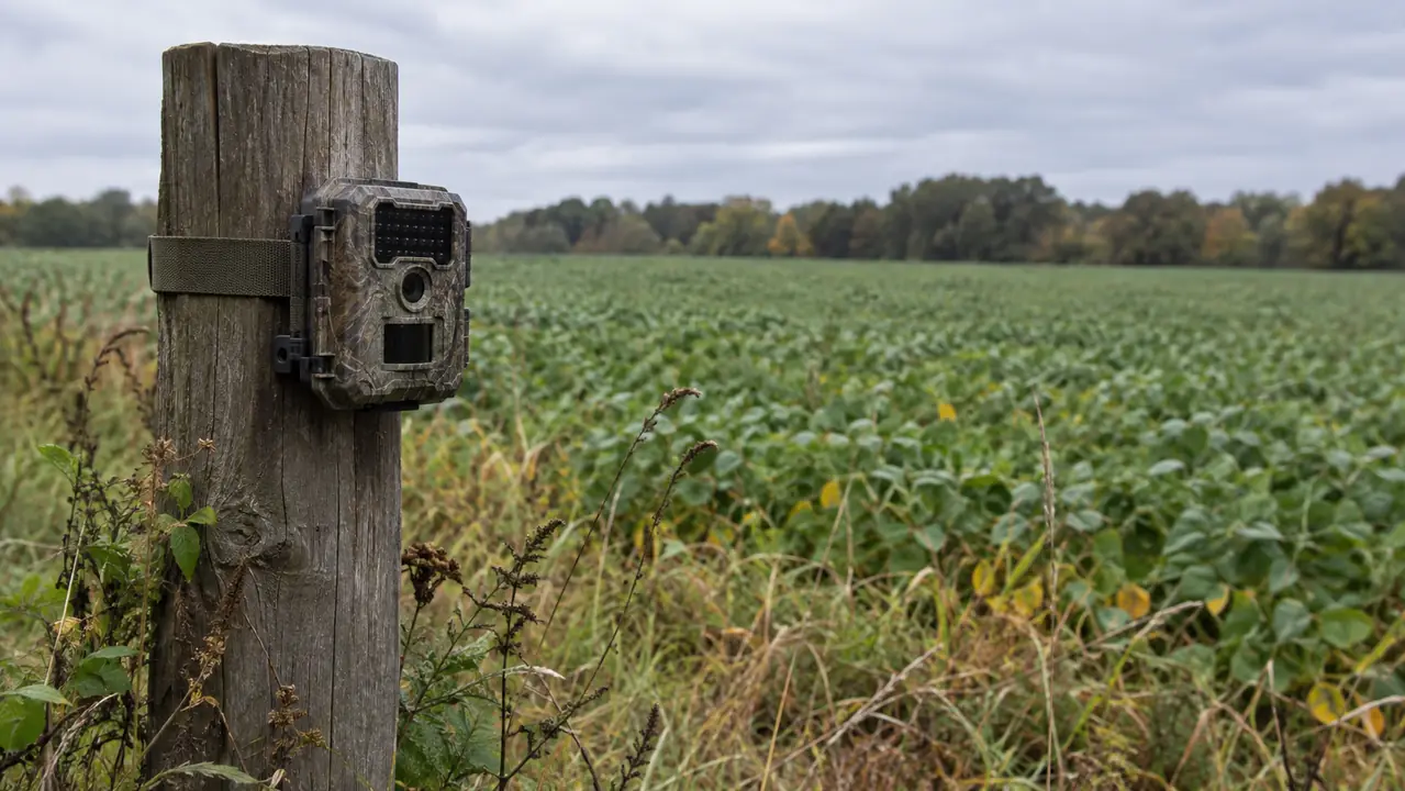 A trail camera mounted on a fence post at the edge of a food plot