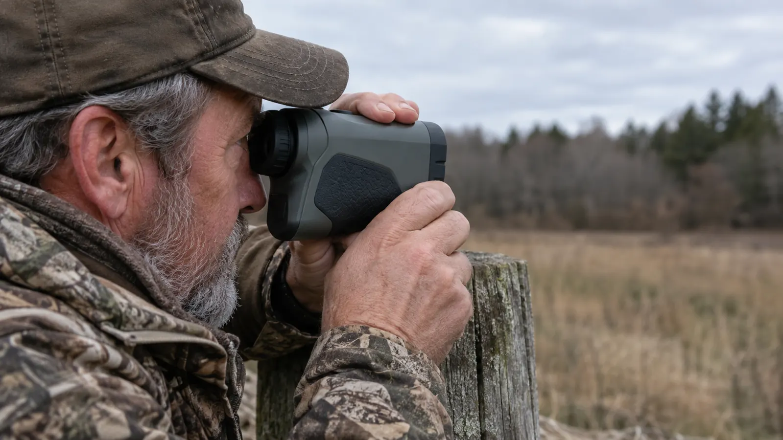 A hand holding a compact rangefinder up to one eye while the other hand steadies it against a fence post