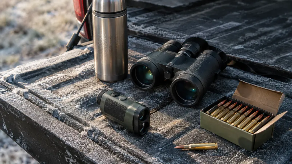 A rangefinder lying on a tailgate next to a pair of binoculars, a thermos, and a box of rifle cartridges