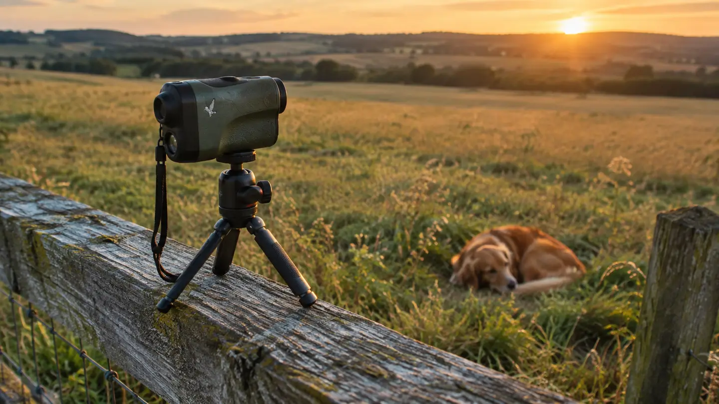 Rangefinder resting on a small tripod on a wooden fence rail, field and trees in the background