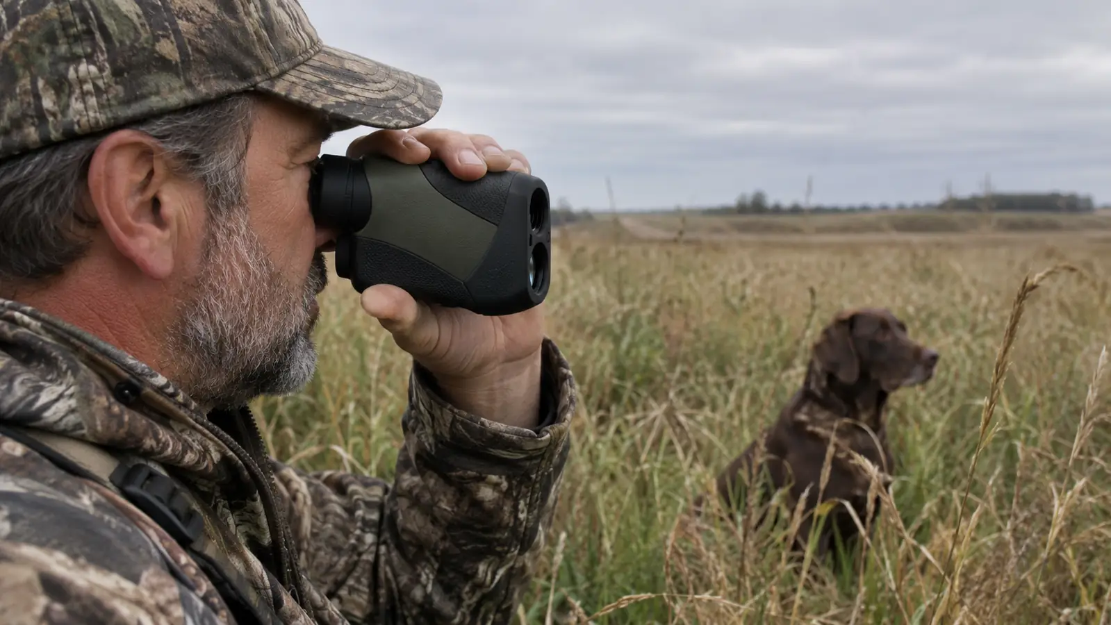 A hand holding a compact rangefinder up to one eye while a large dog sits nearby in tall grass