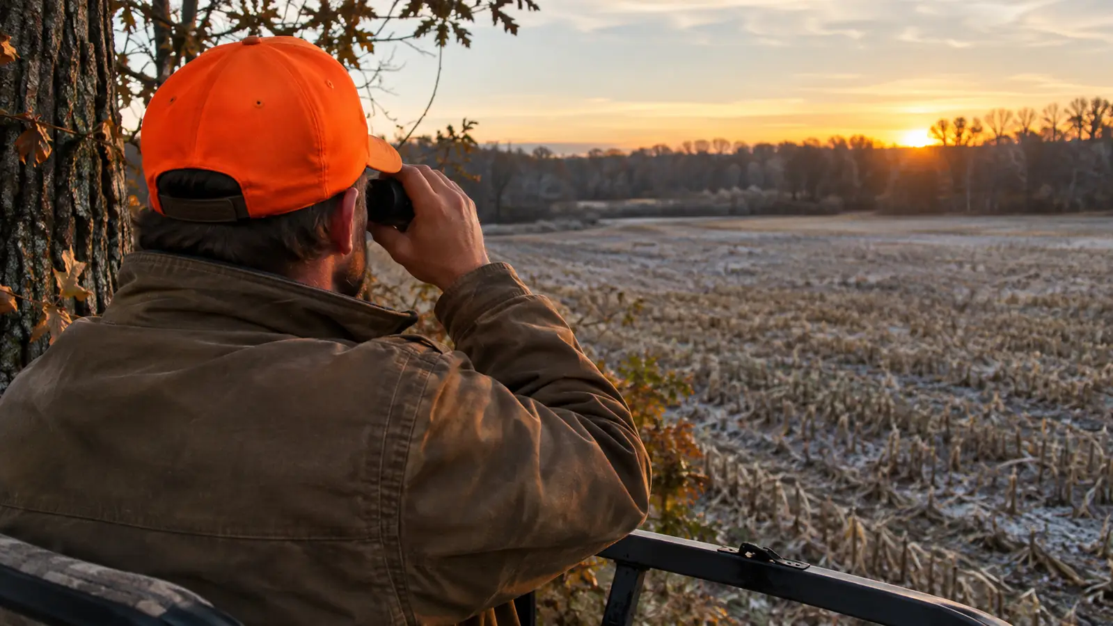 A hunter in a tree stand at dawn holding a compact rangefinder up to one eye, looking across a harvested field toward a shelterbelt