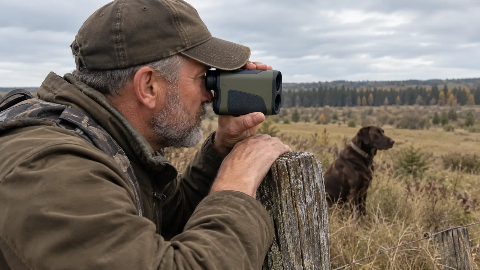 A hand holding a compact rangefinder steady against a fence post while a large dog waits in the grass behind