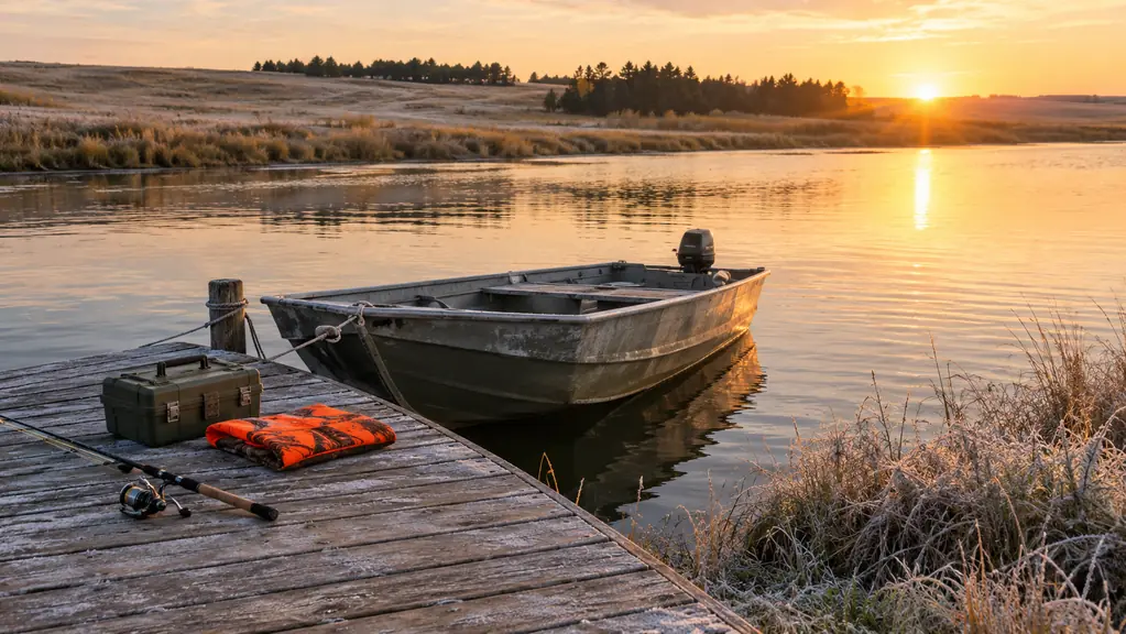 Sunrise on a prairie lake with an aluminum fishing boat at a wooden dock, a spinning rod, tackle box and blaze orange vest on the dock