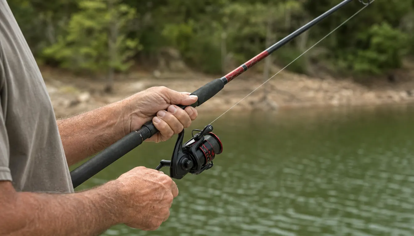Hands holding a spinning rod near the reel, a baited rig tied to the line