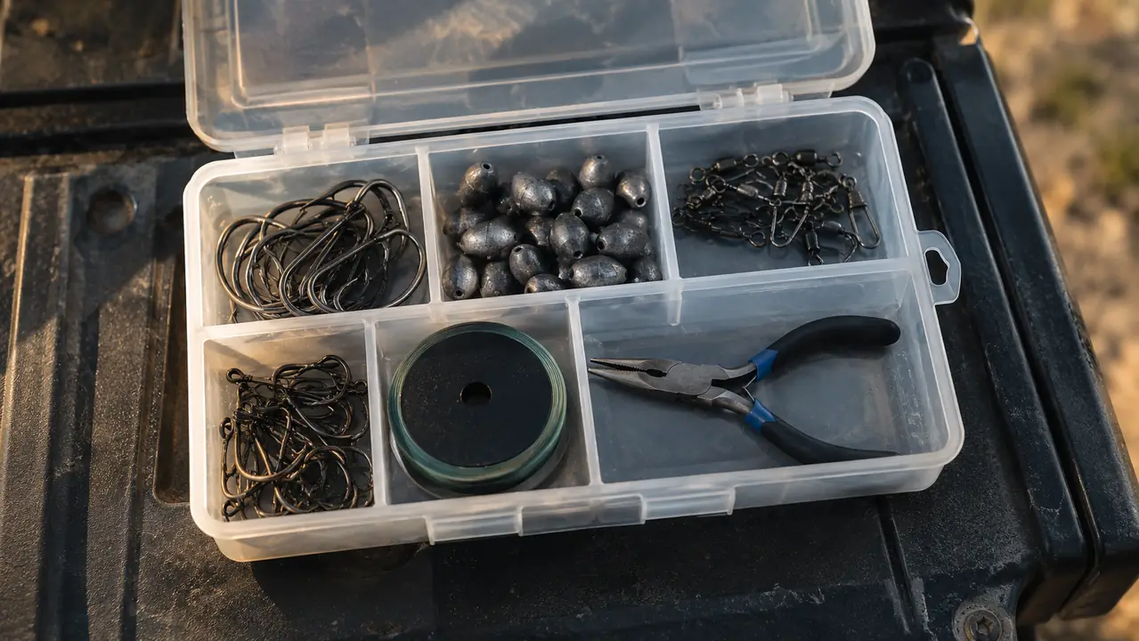 A tackle tray on a tailgate with hooks, sinkers, swivels, and a pair of pliers