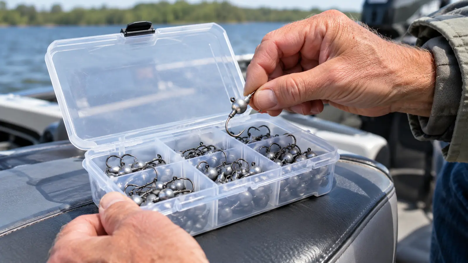 Hand reaching into a clear utility box inside the rack system, pulling out a jig head while the box sits on a boat seat