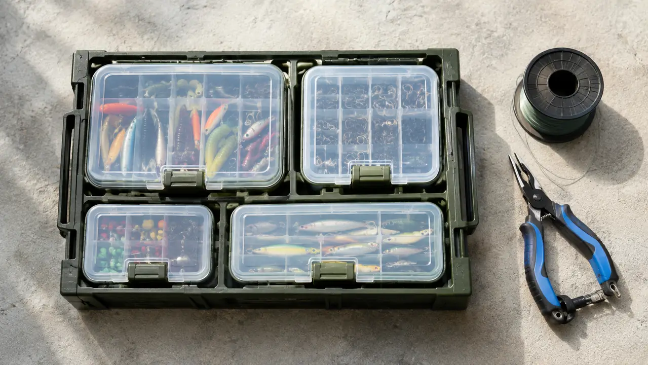 The rack system mounted on a flat surface with four utility boxes of different sizes arranged inside, viewed from above