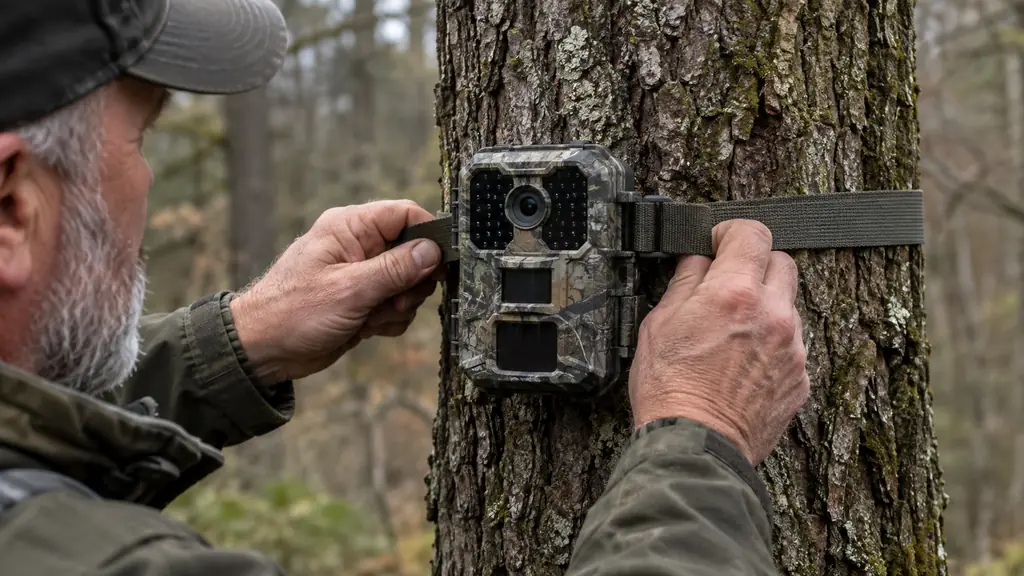 A hunter's hands strapping a small trail camera to a tree trunk with a nylon strap