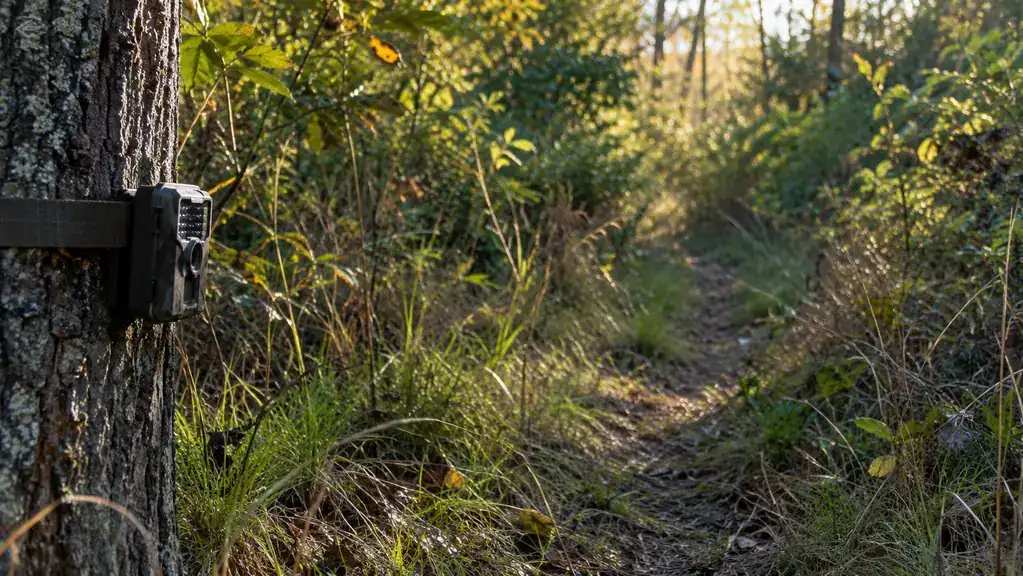 A trail camera mounted low on a tree overlooking a well-used deer trail through brush