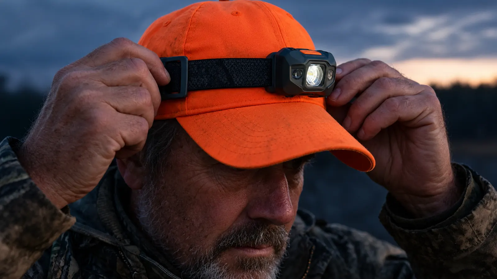 A hand adjusting a headlamp strap over a blaze orange cap before a morning walk