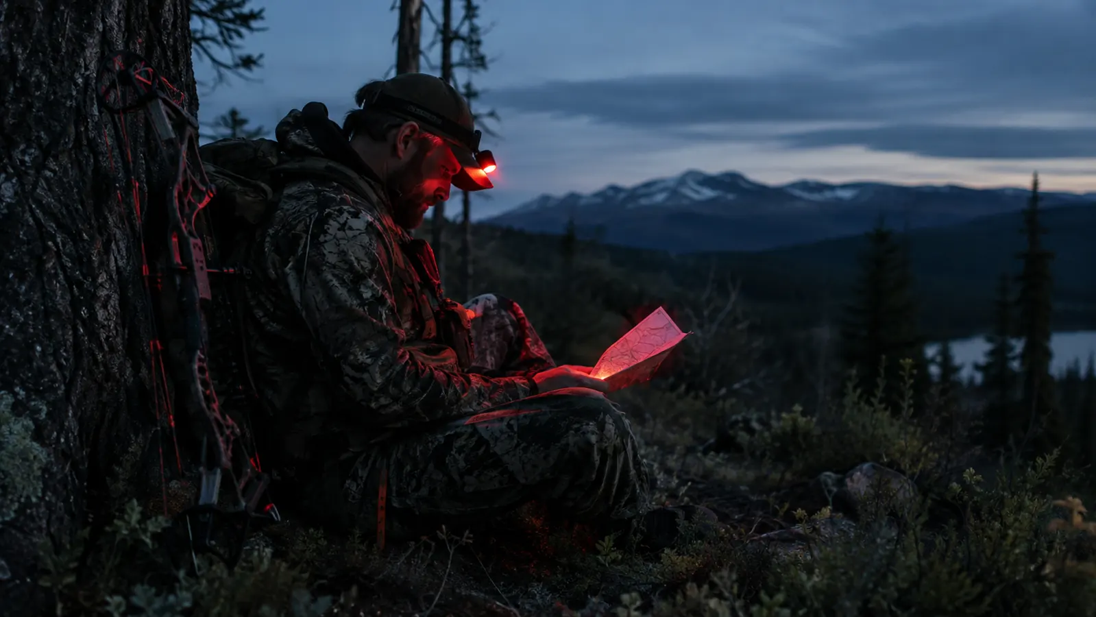 A hunter using a red light to check a phone map at the base of a tree stand
