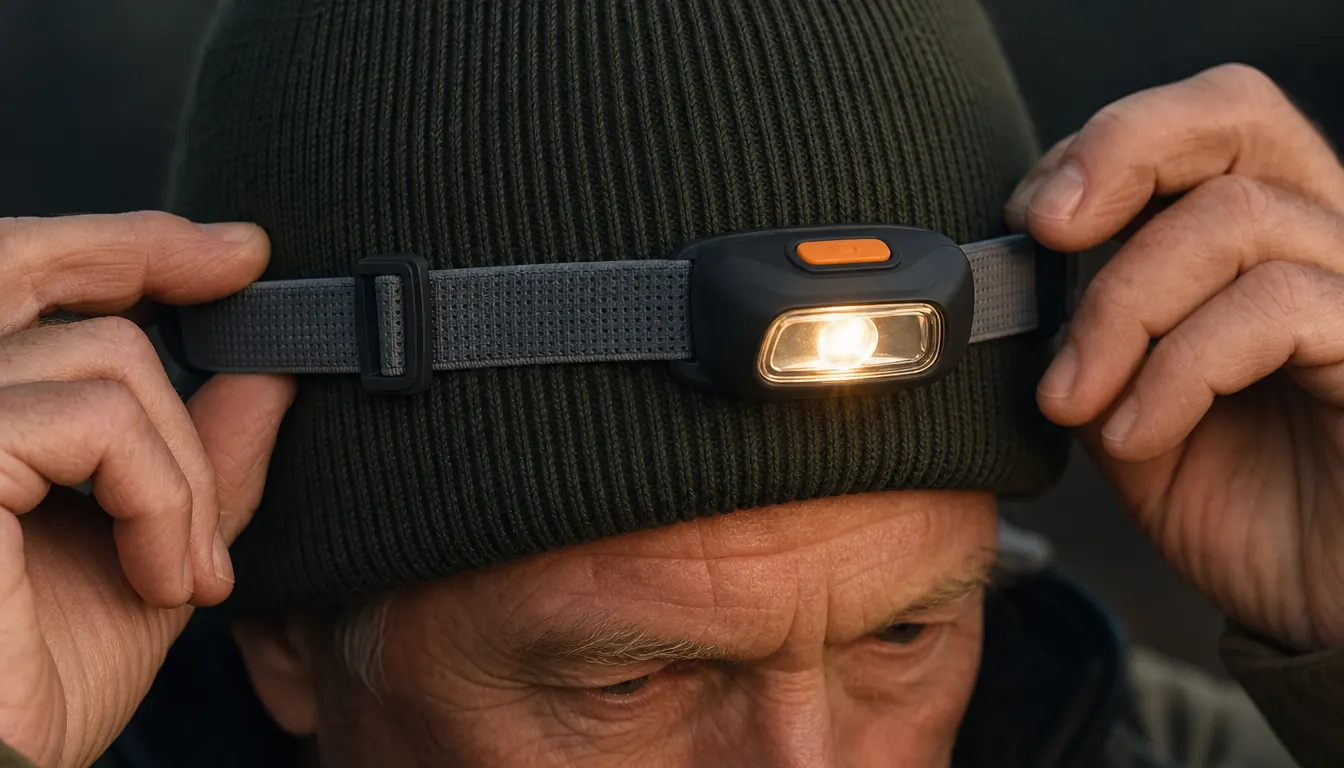 A hand adjusting a headlamp strap over a knit cap in low light