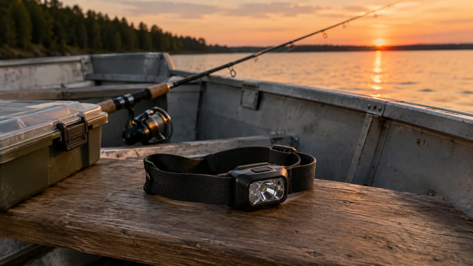 A headlamp lying on a wooden bench beside fishing gear in a boat at dusk