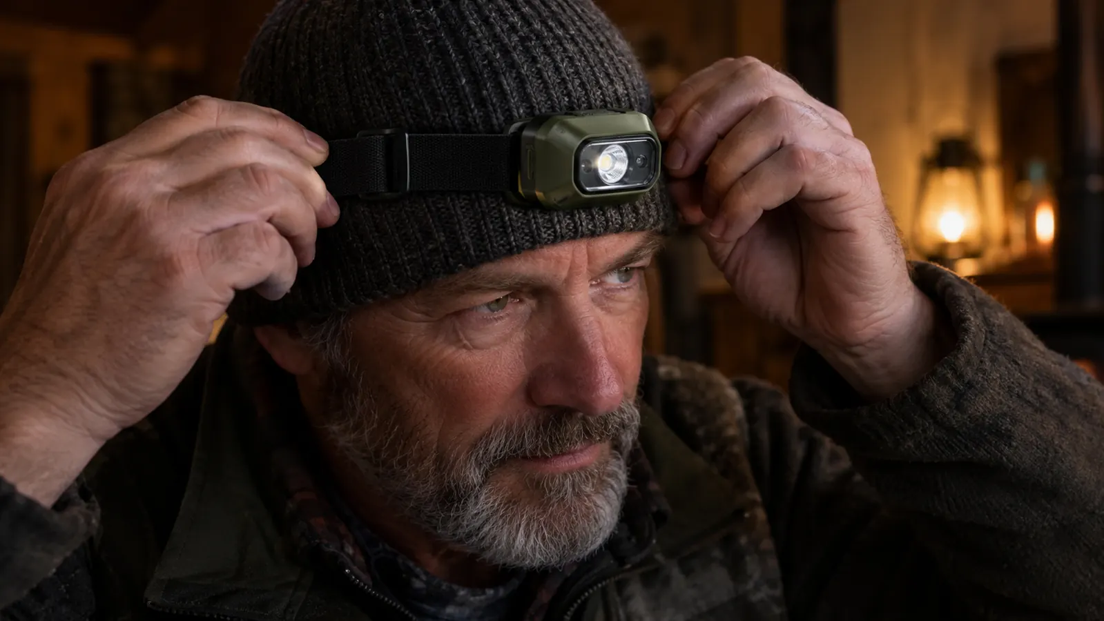 A hand adjusting a headlamp strap over a knit cap in low light