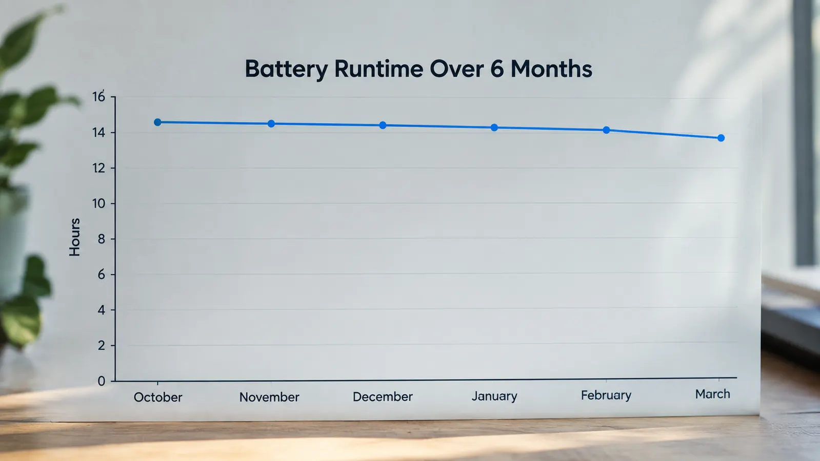A simple line chart showing battery runtime staying steady over six months of use