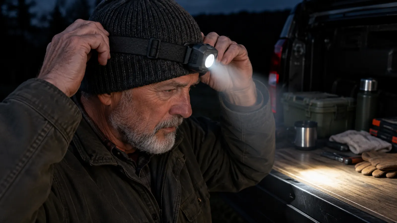 A hand adjusting a headlamp strap over a knit cap in low light