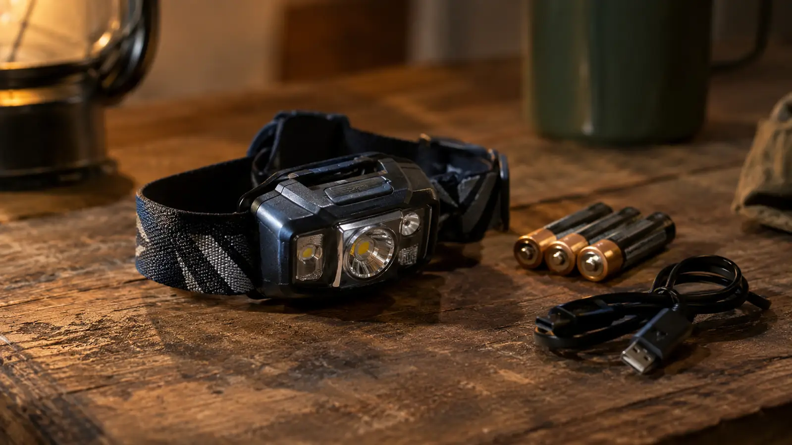 A headlamp lying on a wooden table beside a set of AA batteries and a charging cable