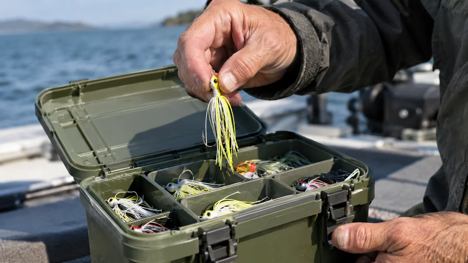 Hand reaching into a utility box nested in the Plano rack to select a jig