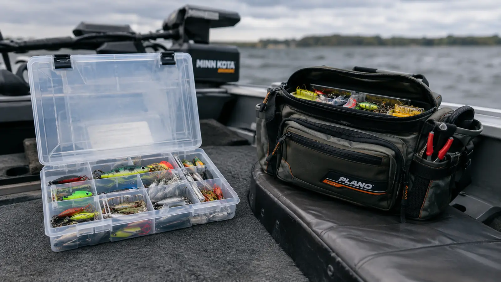 Plano rack on a boat deck next to a soft-sided tackle bag on the same bench