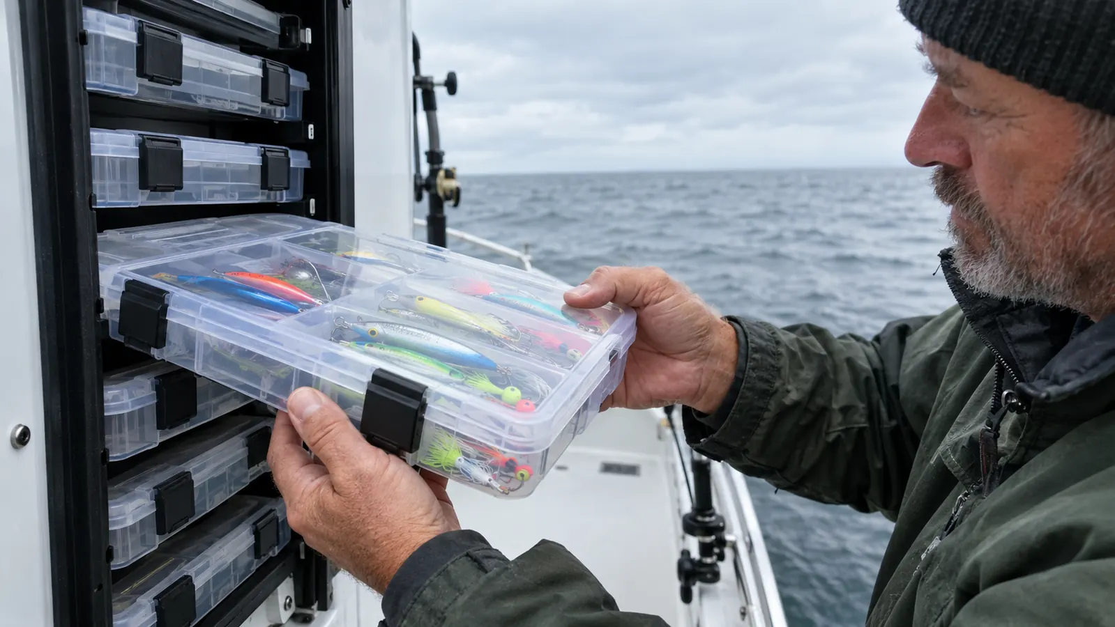A hand reaching into a tackle box to pull out a clear utility box full of jigs and hooks