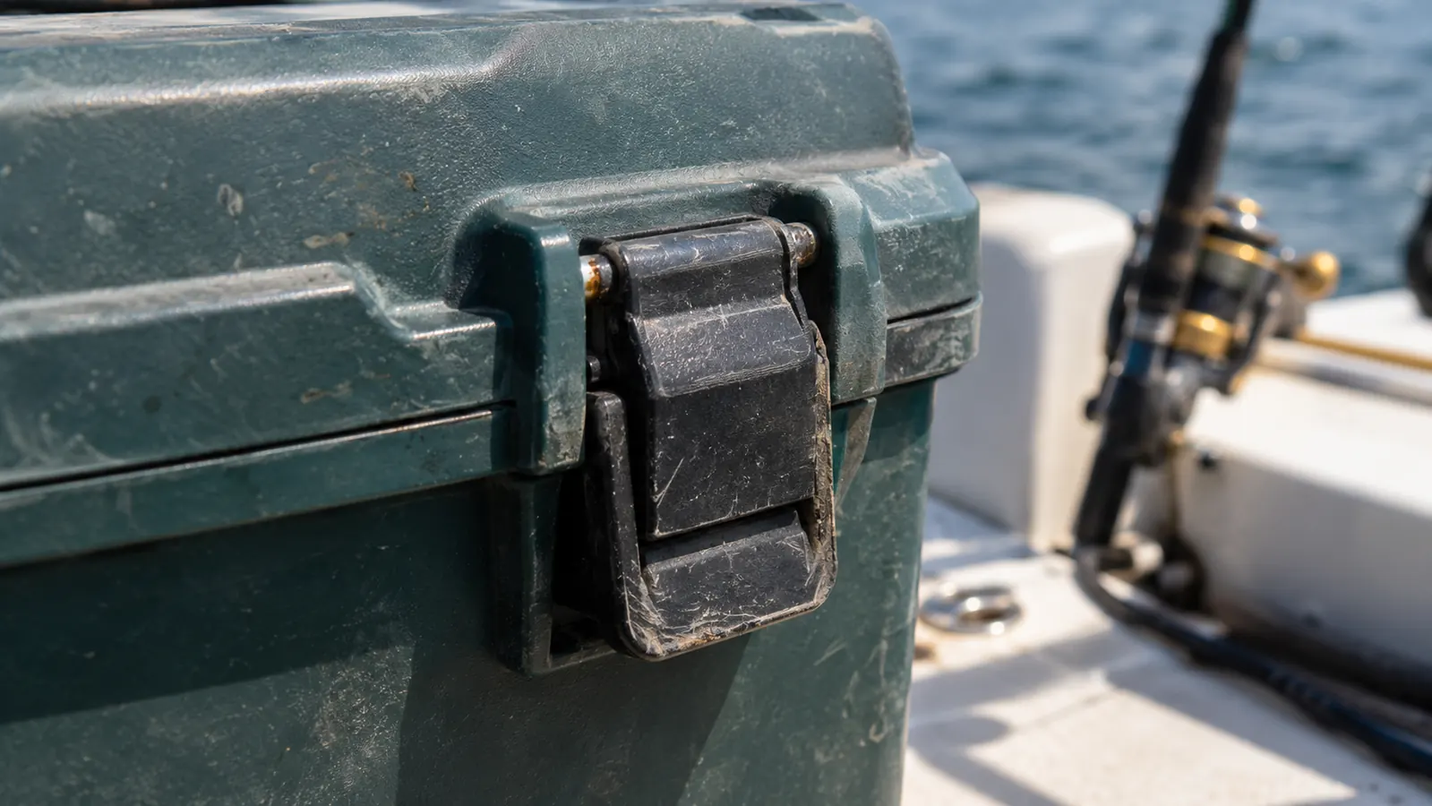 A close view of a worn latch on a tackle box, showing scuffed plastic and a small rust spot on the metal pin