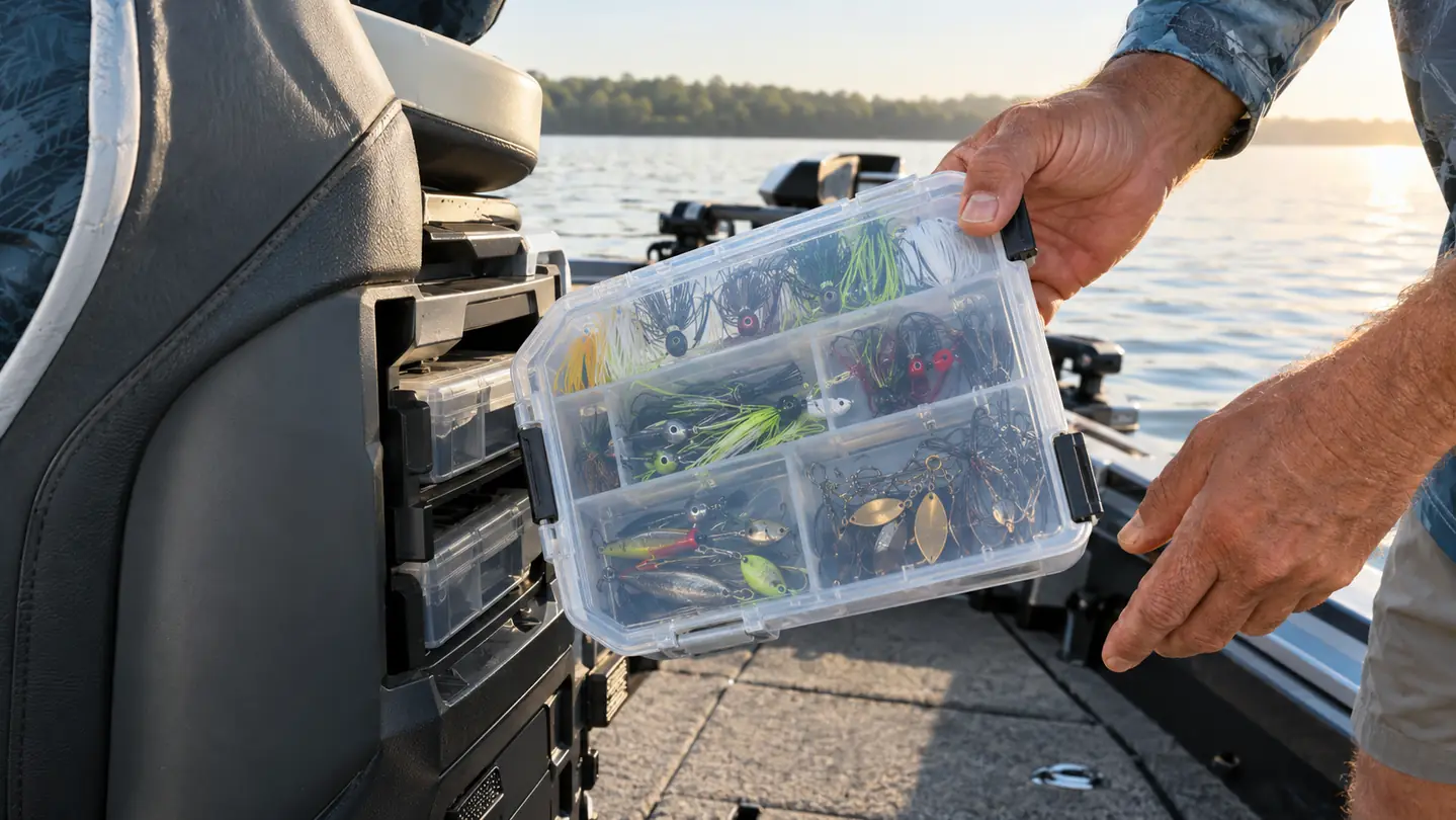 An angler's hand reaching into a tackle rack system on a boat seat, pulling out a clear utility box with jigs and spinner rigs visible inside