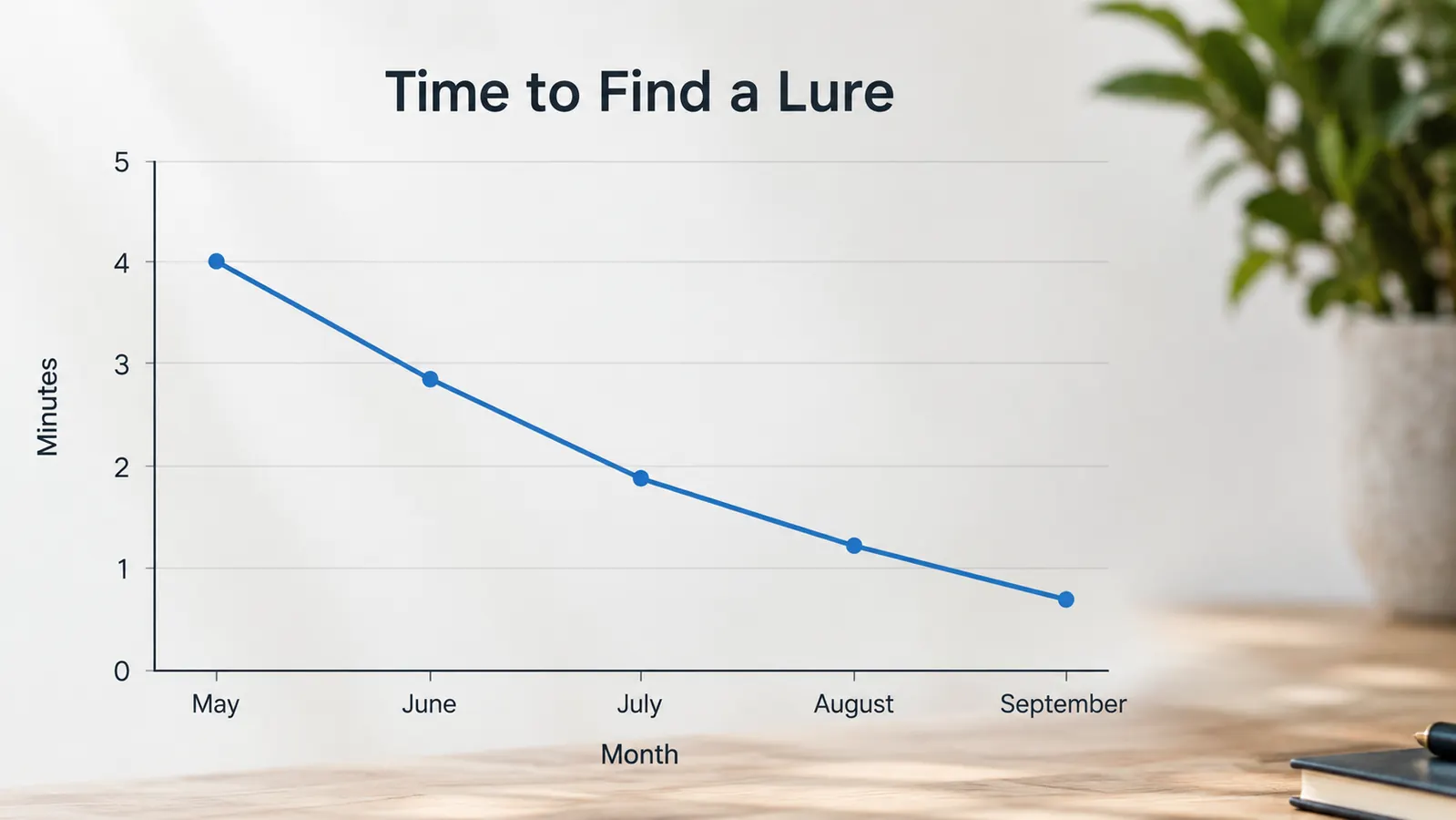 A simple line chart showing how many minutes it took to find a specific lure at the start of the season versus late in the season