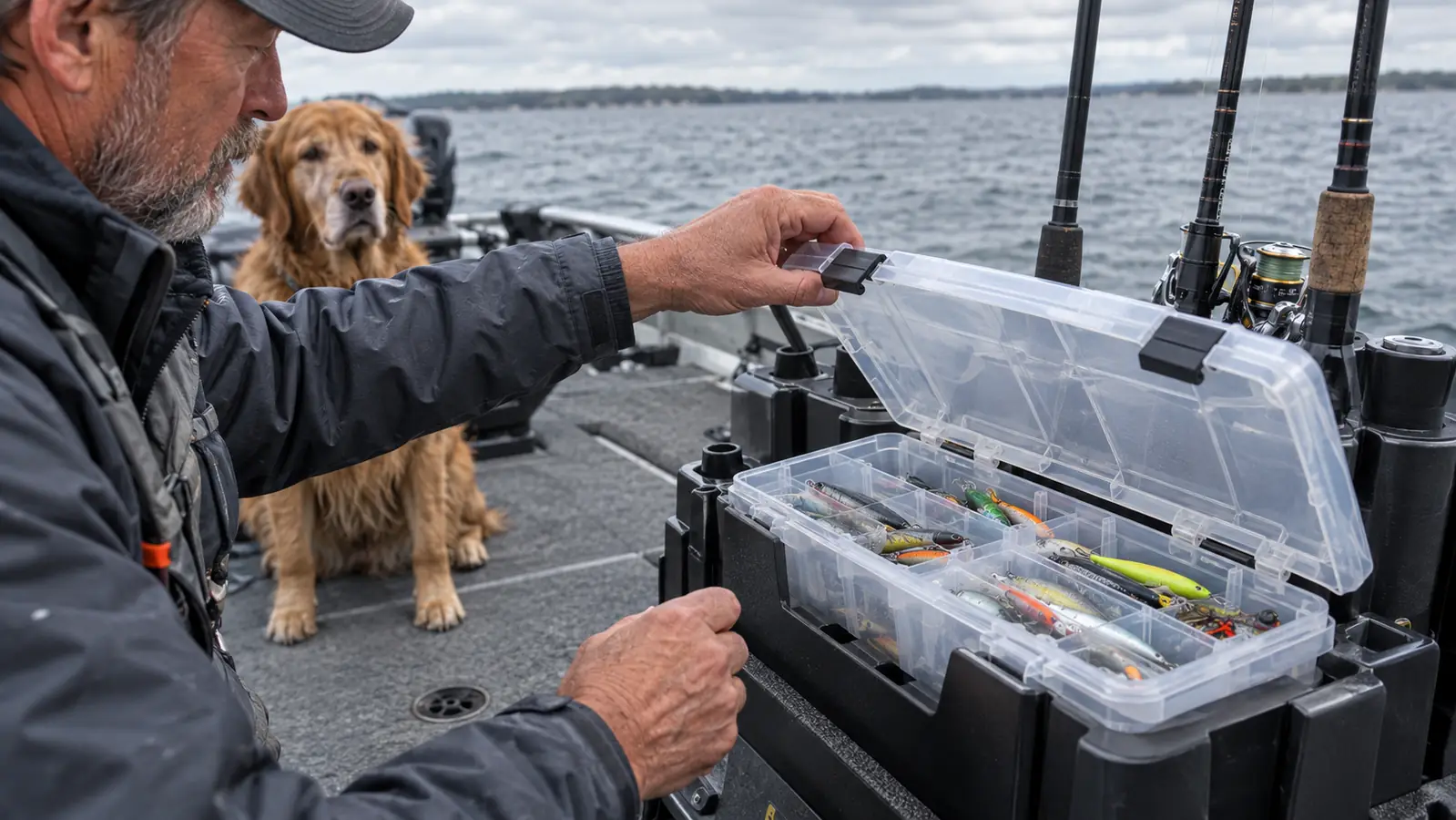 A hand opening a clear utility box on a tackle rack while the dog sits on the boat floor nearby