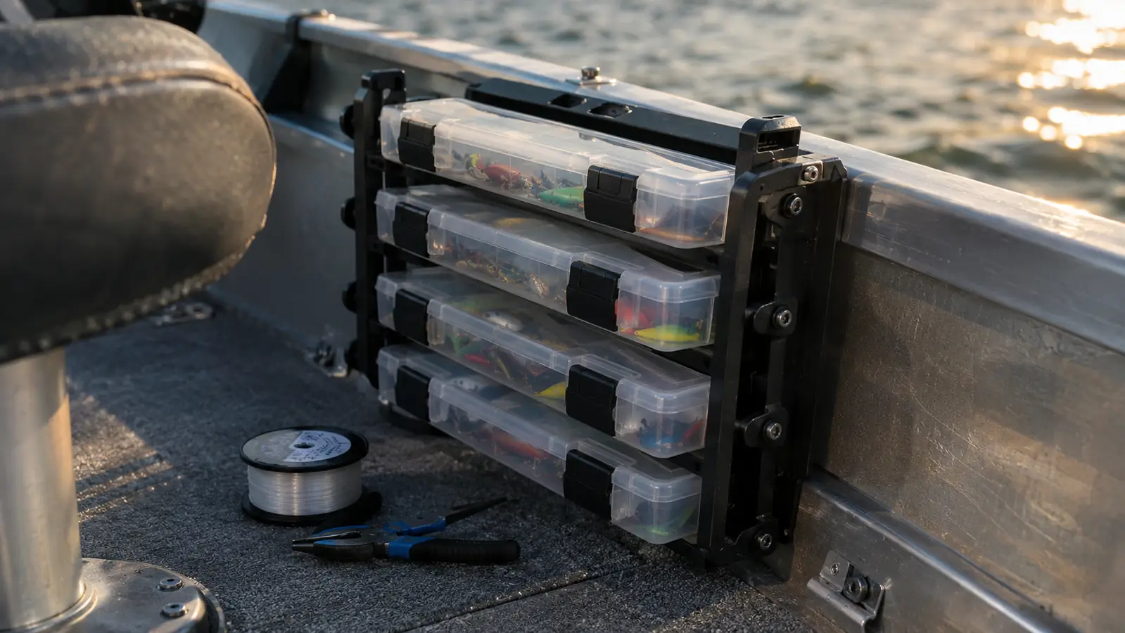 A tackle rack mounted on a boat deck with four utility boxes in place and a spool of line on the floor beside it