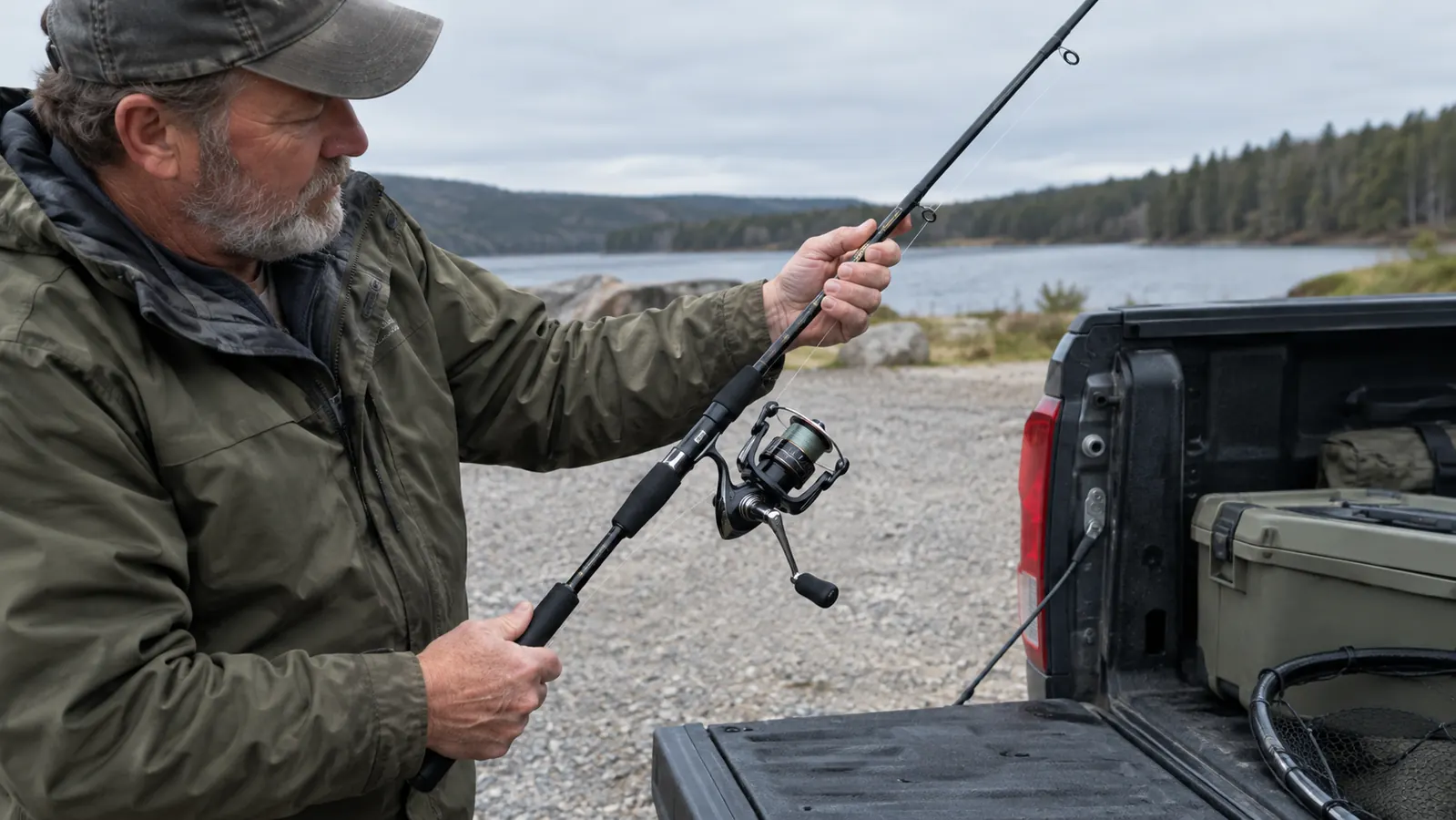 A hand lifting a 7-foot spinning rod and reel combo out of the back of a pickup truck