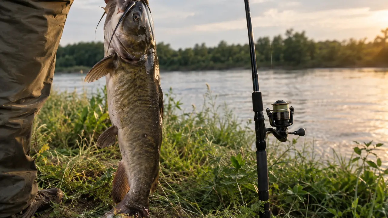 A large channel catfish being held up next to a 7-foot spinning rod and reel combo on a grassy bank