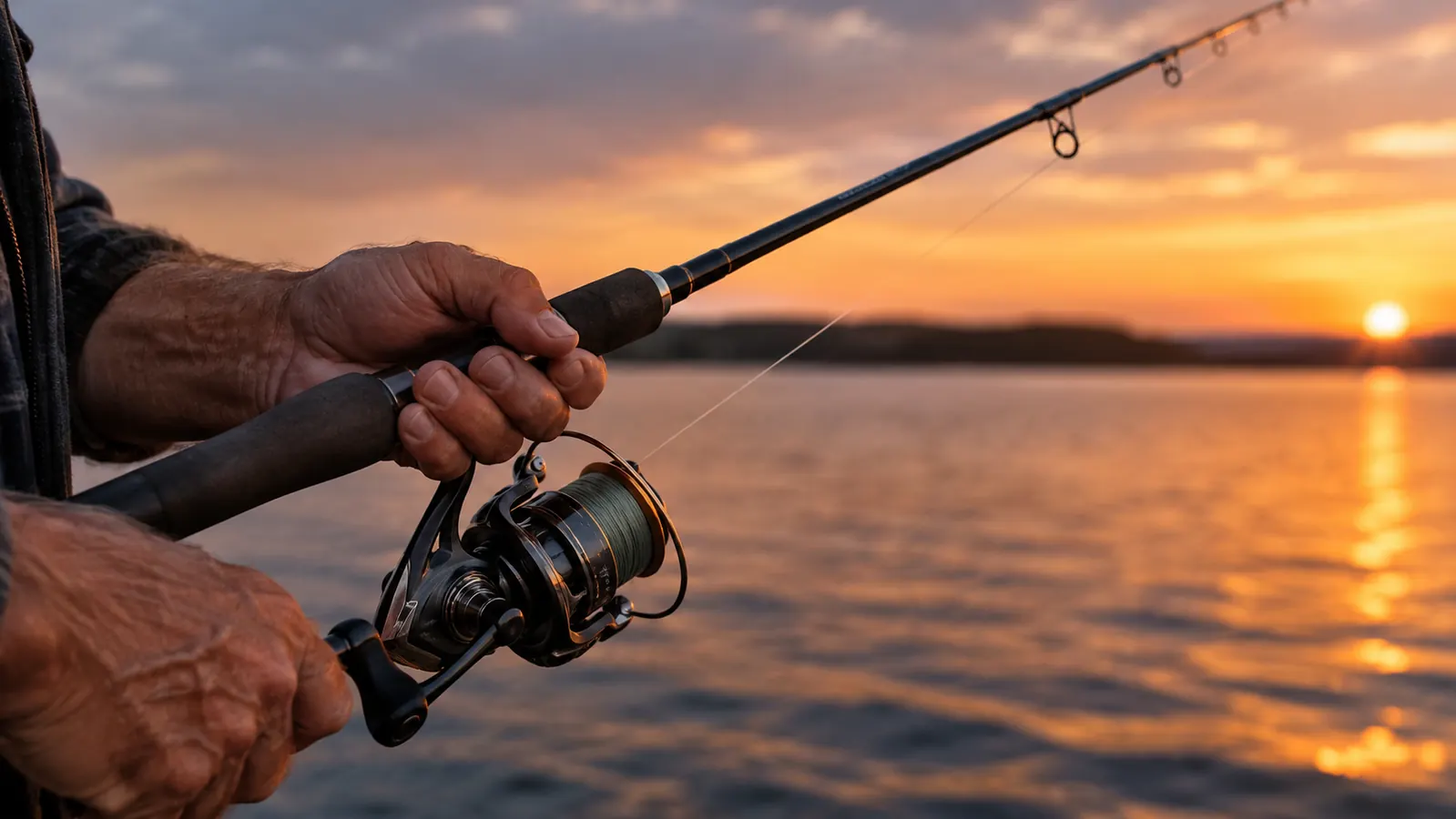 An angler's hand gripping the reel seat of a spinning rod while the line runs out across dark water