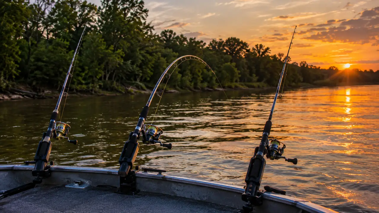 Three rods set in rod holders on the deck of a small boat anchored near a tree-lined riverbank at dusk