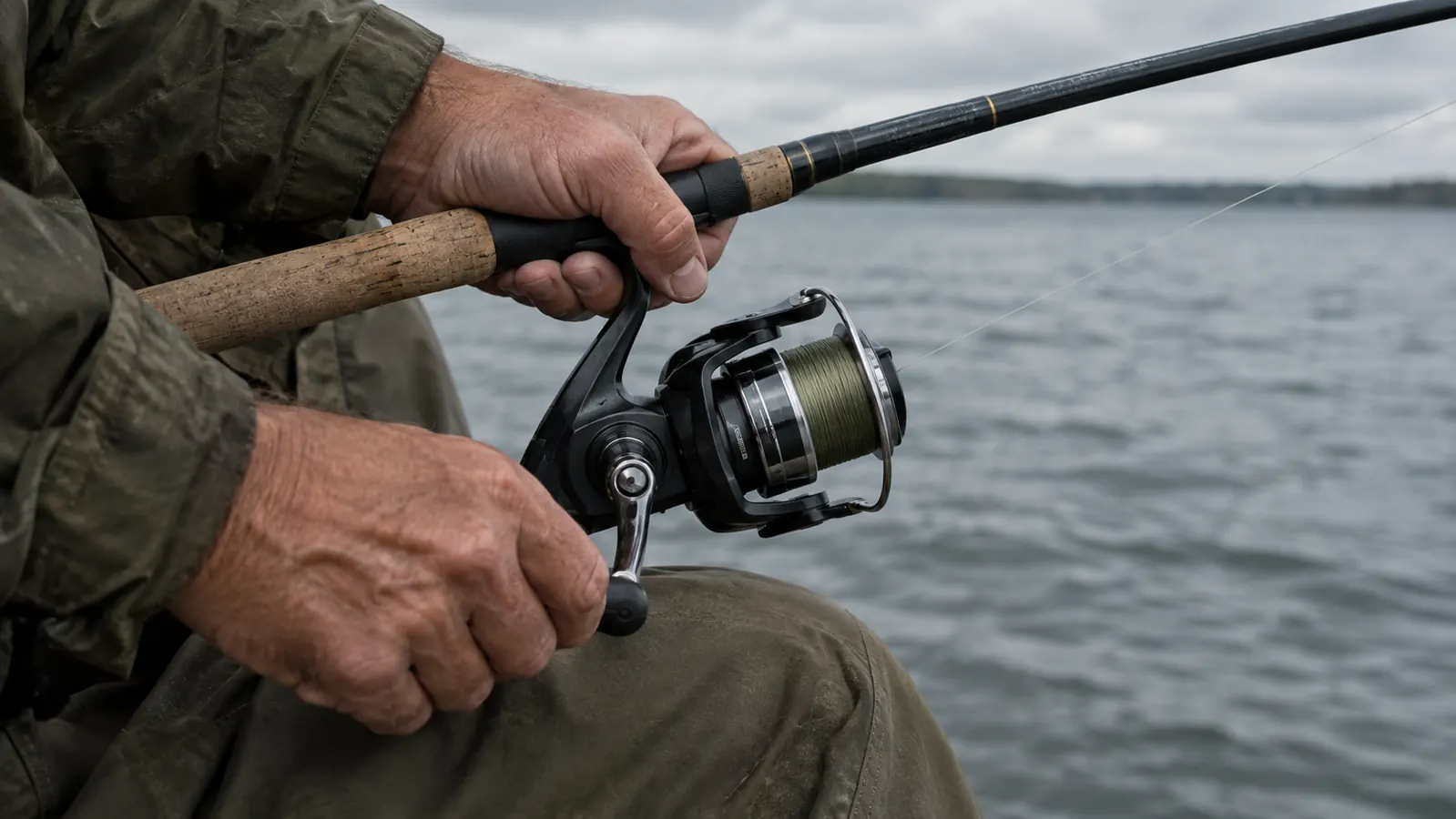 A hand reeling a spinning reel while a rod rests across a knee, line tight toward the water