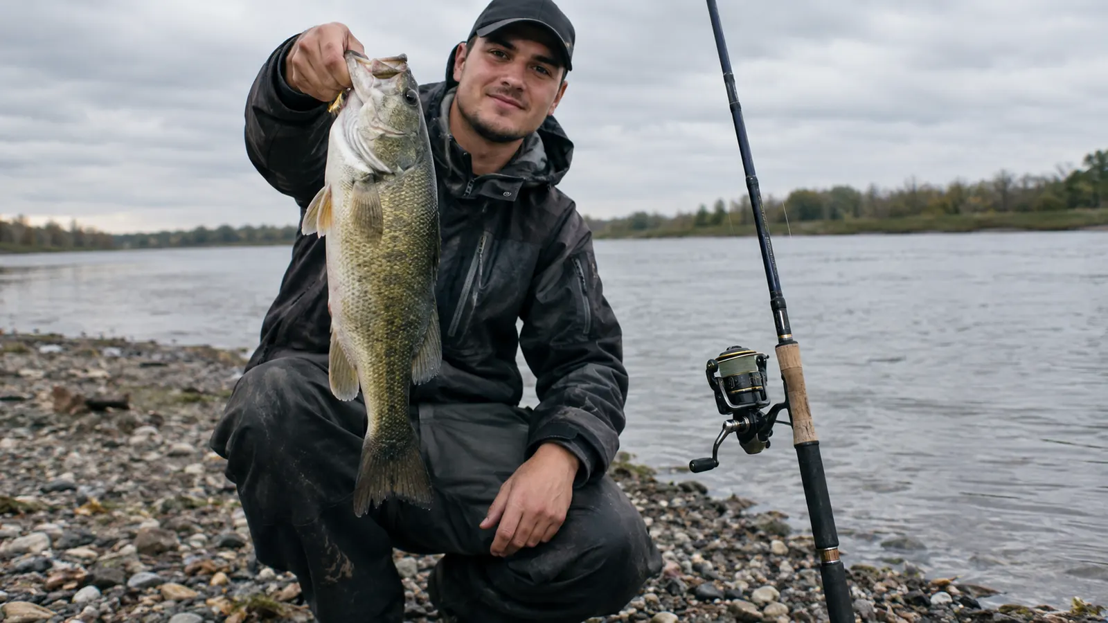 A large fish held up beside a rod and reel combo on a gravel bank