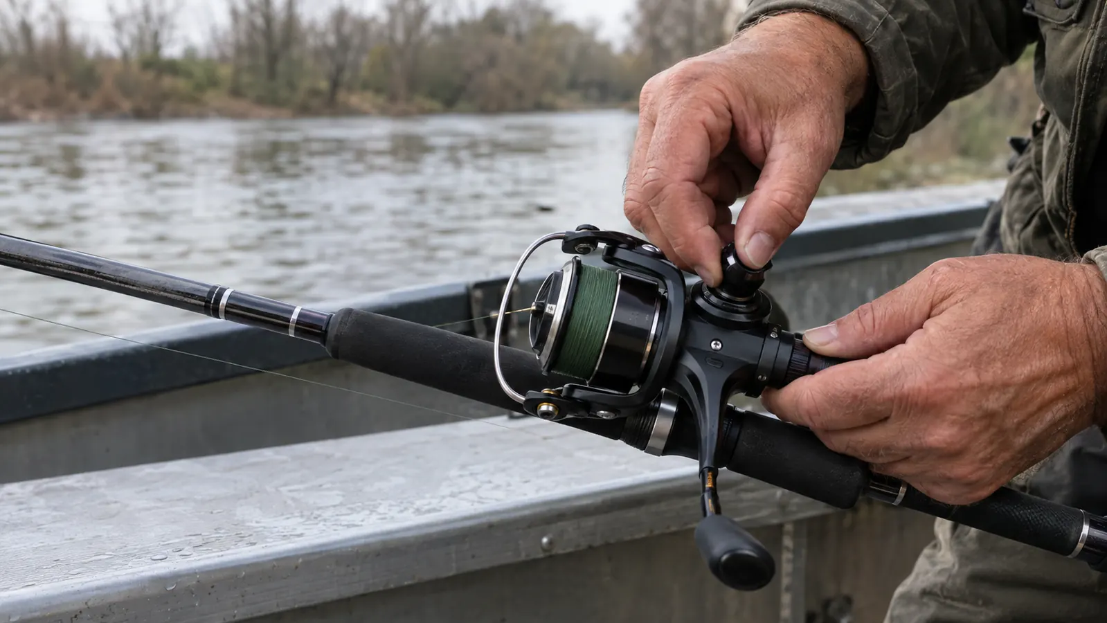 A hand tightening the drag on a spinning reel attached to a two-piece rod, the rod lying across a boat seat