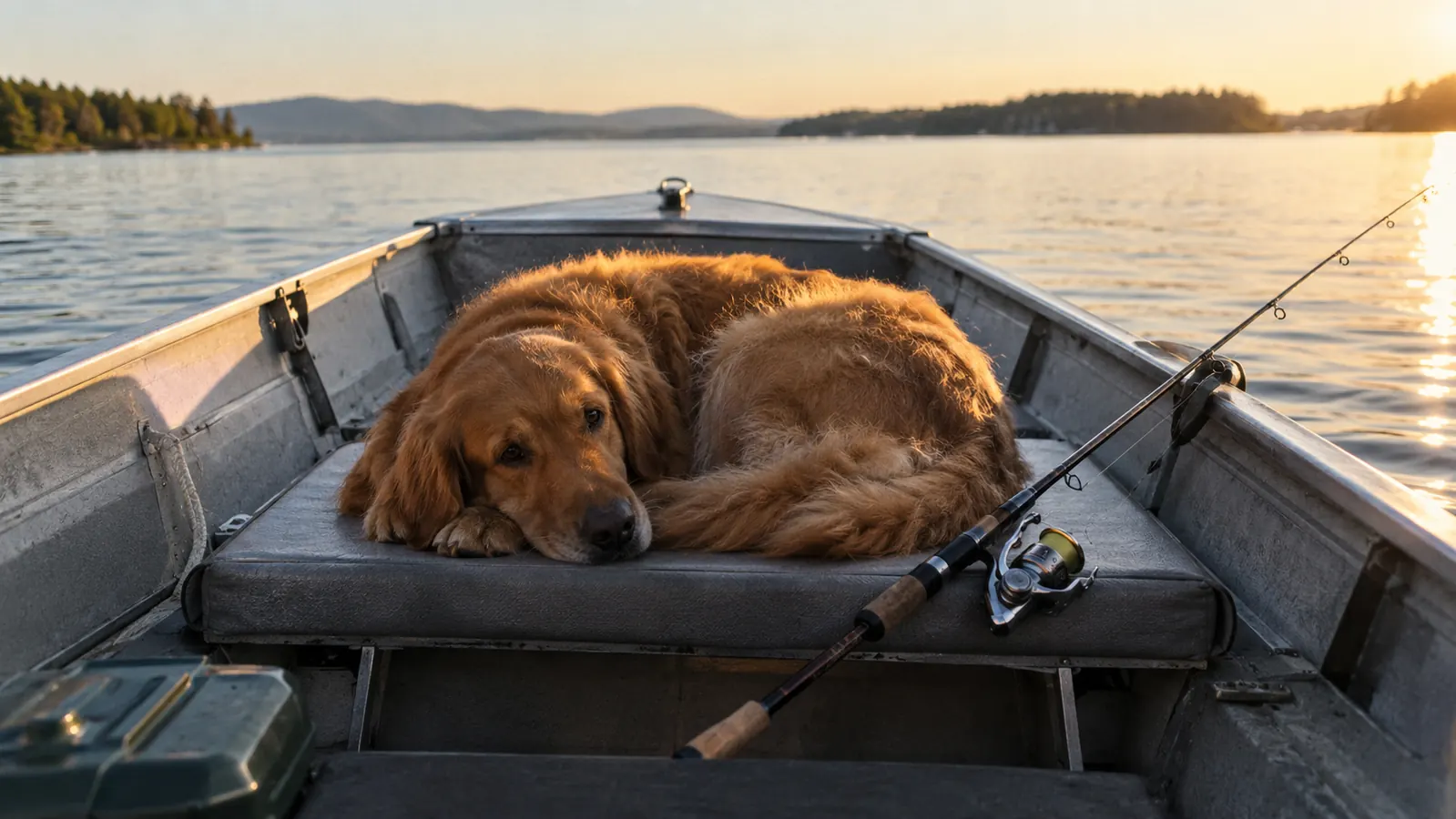 A large dog curled up on a boat seat next to a rod and reel, late afternoon light on the water