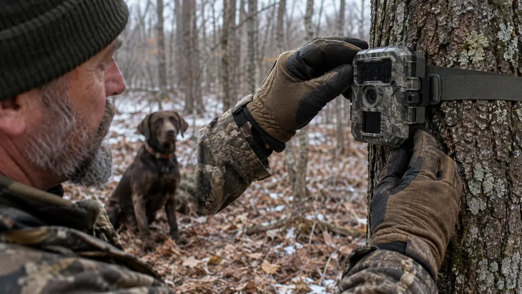 A hunter's hand checking a trail camera strapped to a tree, the dog waiting nearby
