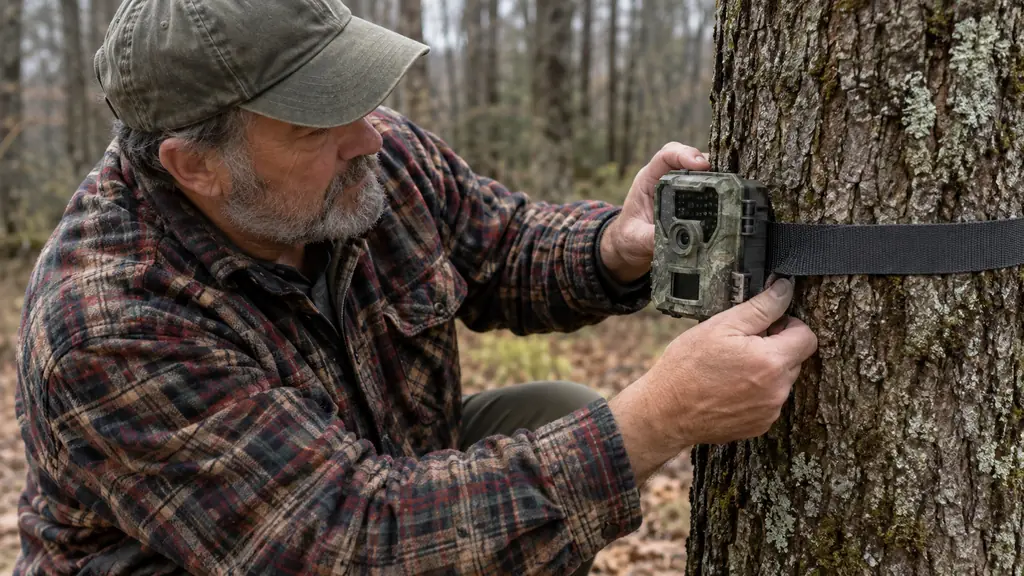 A hunter kneeling and strapping a small trail camera to a tree trunk with a strap