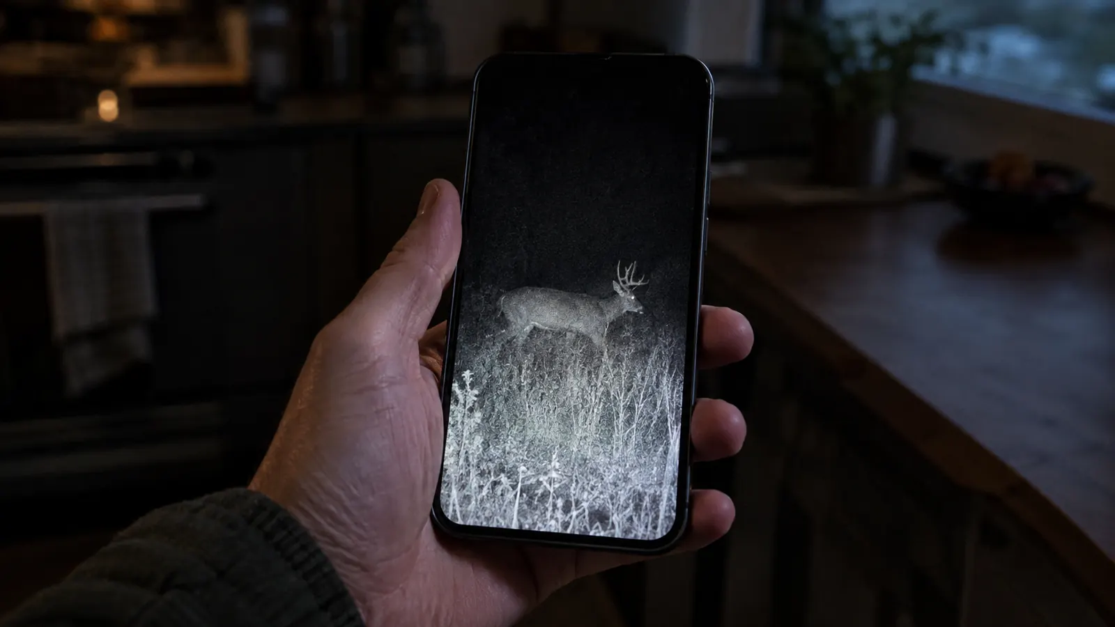 A smartphone screen showing a trail camera photo of a buck walking through tall grass at dusk