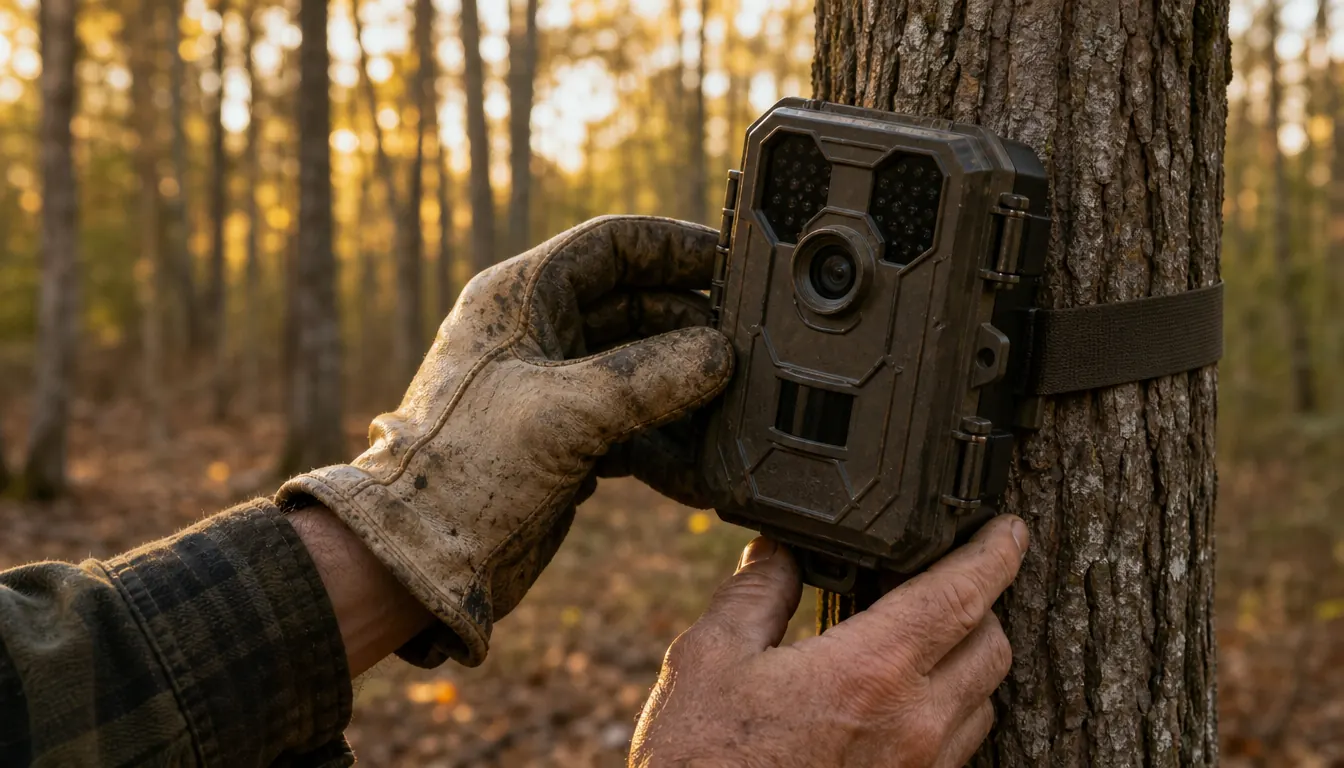 A hand in a work glove checking a trail camera strapped to a tree trunk